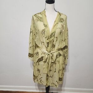 Silk Blend Robe Kimono Duster Green Sheer Floral Paisley Women’s Large